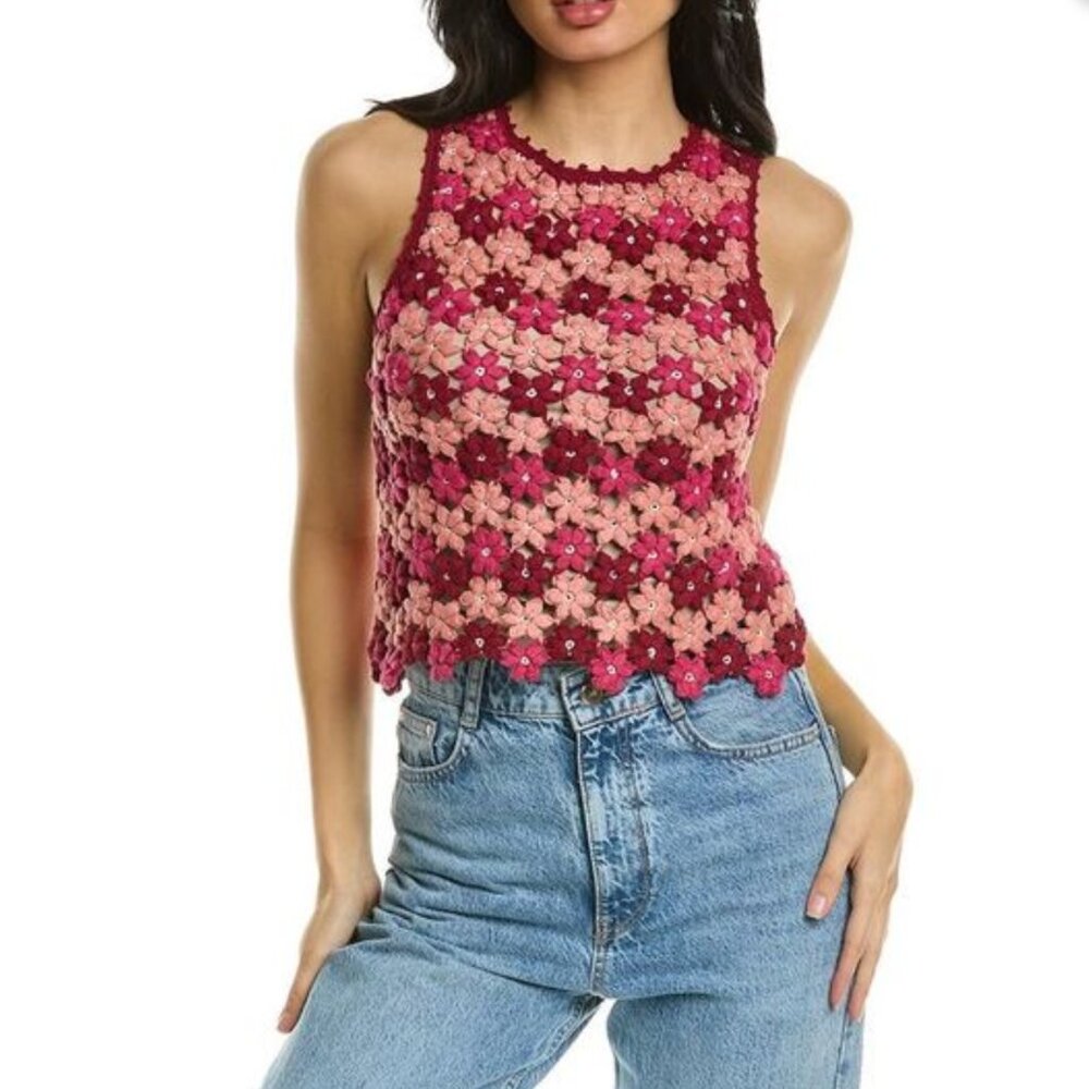 Alice + Olivia Reva Daisy Crochet Sweater Tank XS Pink/Red